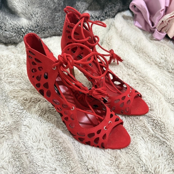 Zara Red Lace-Up Heels - Picture 1 of 4